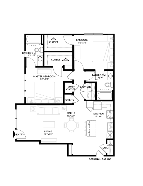 2BR 2BA (1062 SF) Floor Plan at The Villas at Germantown, Memphis, TN